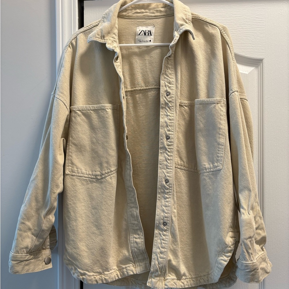 Zara Beige Oversized Denim Button Up Jacket Shirt Coat Women’s M